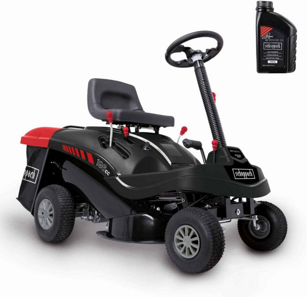 Tondeuse autoportée Scheppach MR196-61 – Moteur essence 4 temps 4,8 kW / 6,5 CV – Largeur de coupe 61 cm – 5 vitesses – Hauteur de coupe réglable