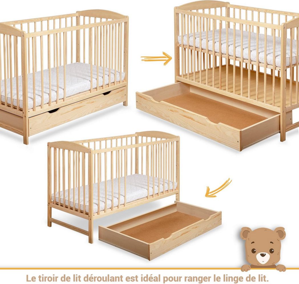 Lit bébé moto-MOLTICO 60x120 cm avec tiroir – Lit en bois réglable en hauteur, transformable en lit enfant avec barrières de sécurité – Lit bébé pour filles et garçons