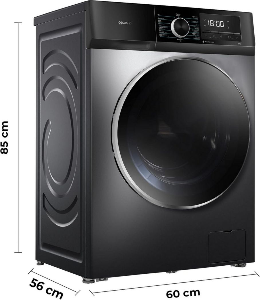 Cecotec Bolero Dresscode 10500 Inverter Steel A. Lave-linge 10 kg Acier, 1400 tr/min, moteur Inverter Plus, Vapeur, Classe A.
