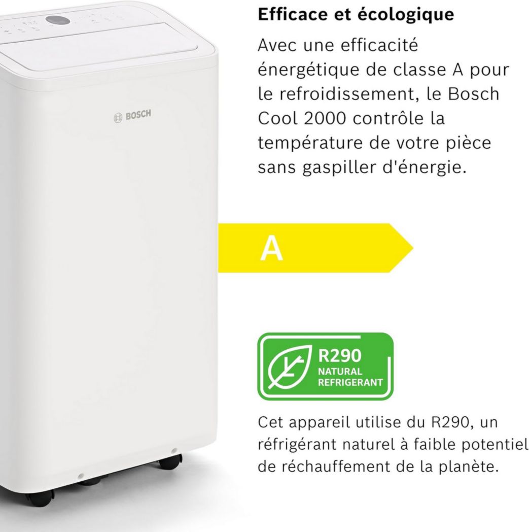 Climatiseur portable Bosch Cool 2000 - 3 en 1 : climatiseur, déshumidificateur, ventilateur - 2,6 kW PAC pour pièces jusqu'à 35 m² - Avec modes automatique, silencieux et veille