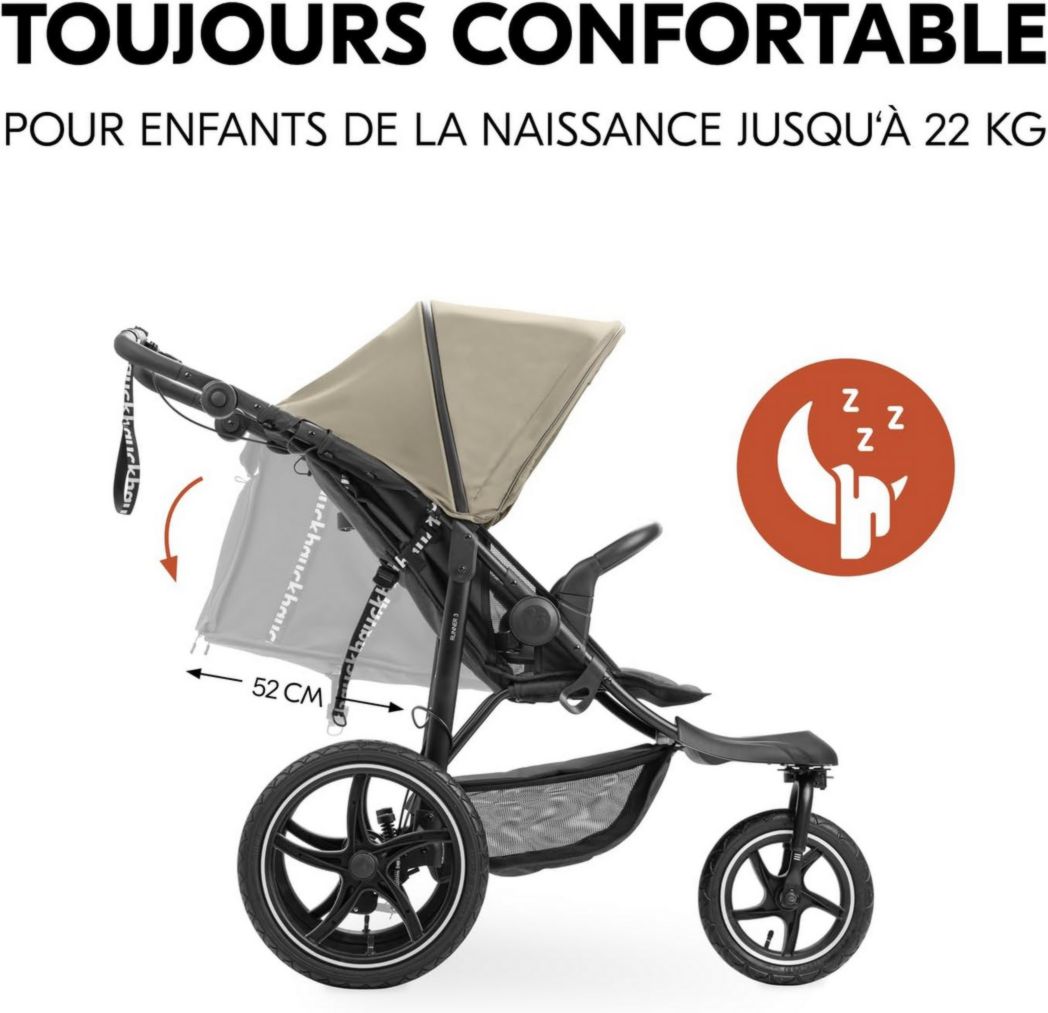 Poussette 3 roues Hauck Runner 3, tout-terrain, roues gonflables XL, jusqu'à 22 kg, frein à main, suspension, capote UPF 50+, pliable, panier, position allongée, porte-gobelet (vert jungle)