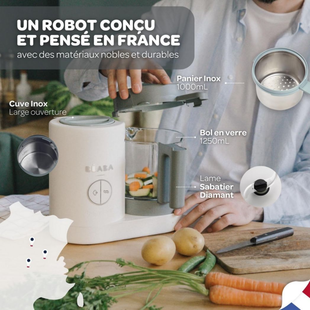 BÉABA, Babycook Néo, Mixeur et Cuiseur Vapeur 6 en 1, Robot Cuiseur Bébé Fabriqué en France, Bol en Verre, Cuve en Inox, Grande Capacité, Diversification des Aliments, Petits Pots Bébé Maison, Rapide, Eucalyptus