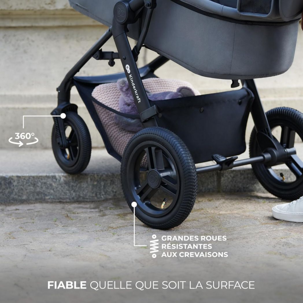 Poussette 3-en-1 Kinderkraft MOOV2, système de voyage de la naissance à 27 kg, siège auto Mink PRO I-Size inclus, pare-soleil extensible avec filtre UPF50+, accessoires pratiques, gris