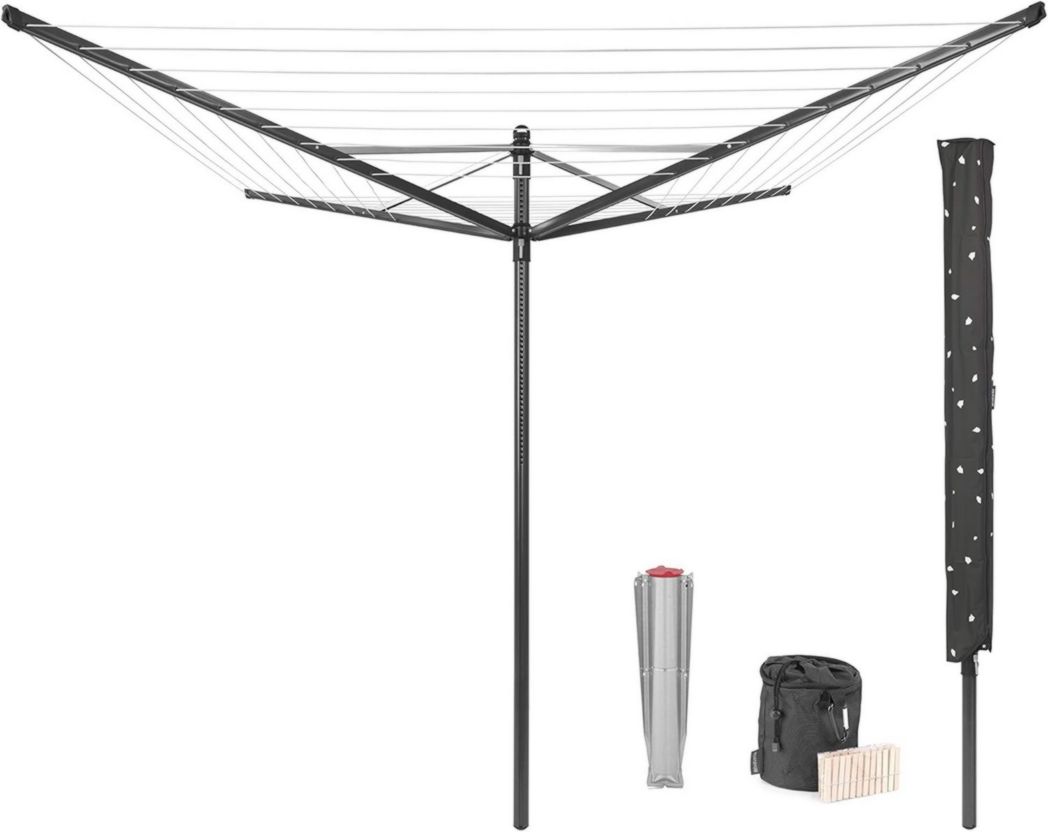 Brabantia - Séchoir à linge Lift-O-Matic - Étendoir à linge d'extérieur - Antidérapant - Résistant aux UV, 60 m - Rotation fluide - Pratique - Douille métallique à planter - Gris métallisé - 295 cm