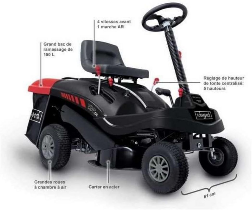 Tondeuse autoportée Scheppach MR196-61 – Moteur essence 4 temps 4,8 kW / 6,5 CV – Largeur de coupe 61 cm – 5 vitesses – Hauteur de coupe réglable
