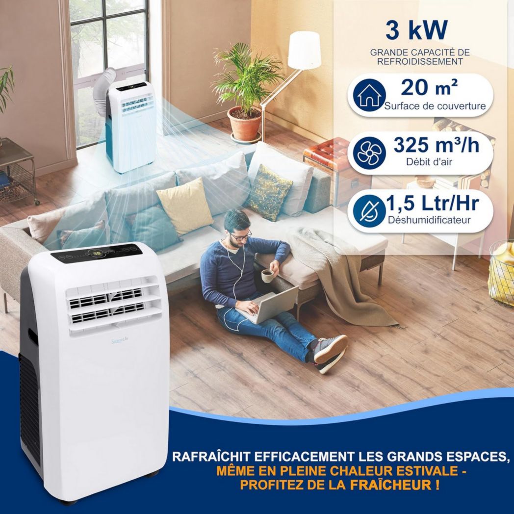 Climatiseur portatif silencieux SereneLife, 9 000 BTU, 3 en 1, avec déshumidificateur intégré, mode ventilateur, télécommande, kit d'extraction complet pour fenêtre, blanc