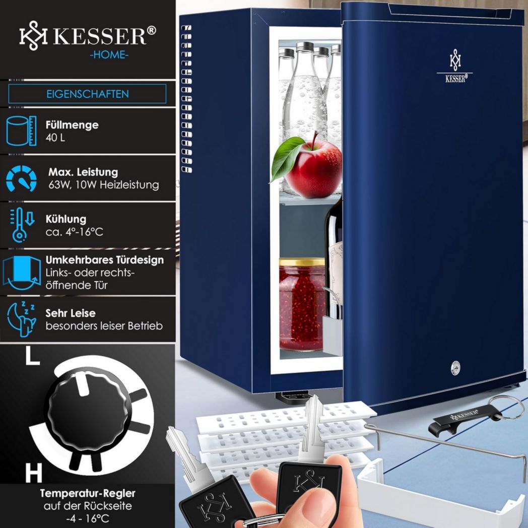 Mini-réfrigérateur KESSER® avec serrure, mini-bar 40 l, silencieux, 22 dB, verrouillable, chambre, butée de porte amovible, environ 4 à 16 °C, hauteur 57 cm, éclairage intérieur
