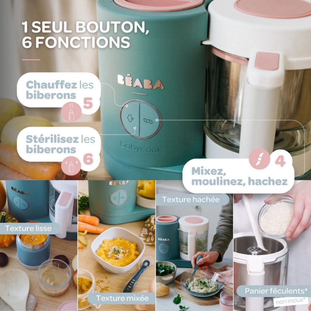 BÉABA, Babycook Néo, Mixeur et Cuiseur Vapeur 6 en 1, Robot Cuiseur Bébé Fabriqué en France, Bol en Verre, Cuve en Inox, Grande Capacité, Diversification des Aliments, Petits Pots Bébé Maison, Rapide, Eucalyptus