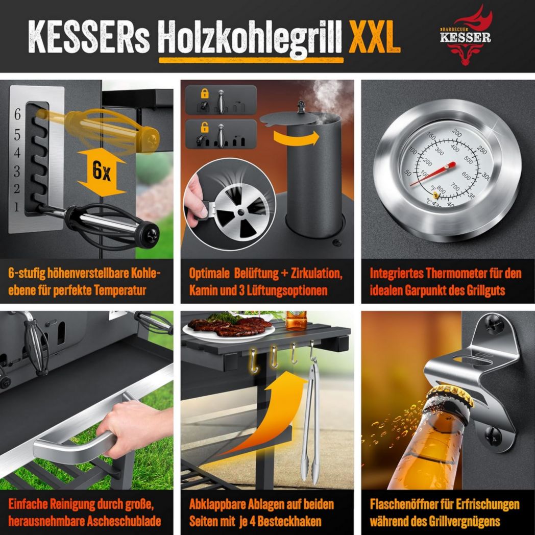 Chariot barbecue KESSER® | Barbecue à charbon XL avec couvercle, roulettes, poignée en acier inoxydable, grille et thermomètre | Grand barbecue à charbon