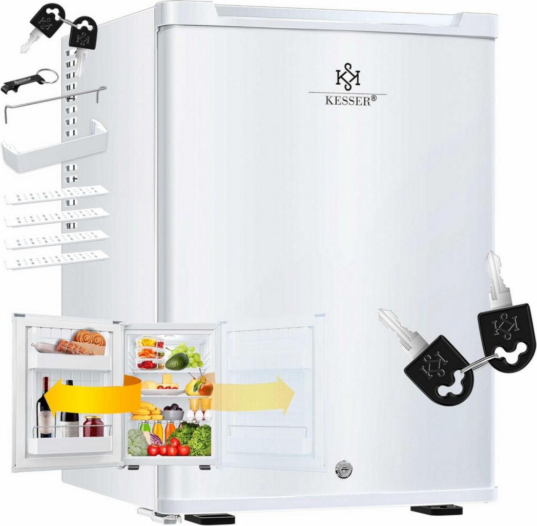 Mini-réfrigérateur KESSER® avec serrure, mini-bar 40 l, silencieux, 22 dB, verrouillable, chambre, butée de porte amovible, environ 4 à 16 °C, hauteur 57 cm, éclairage intérieur