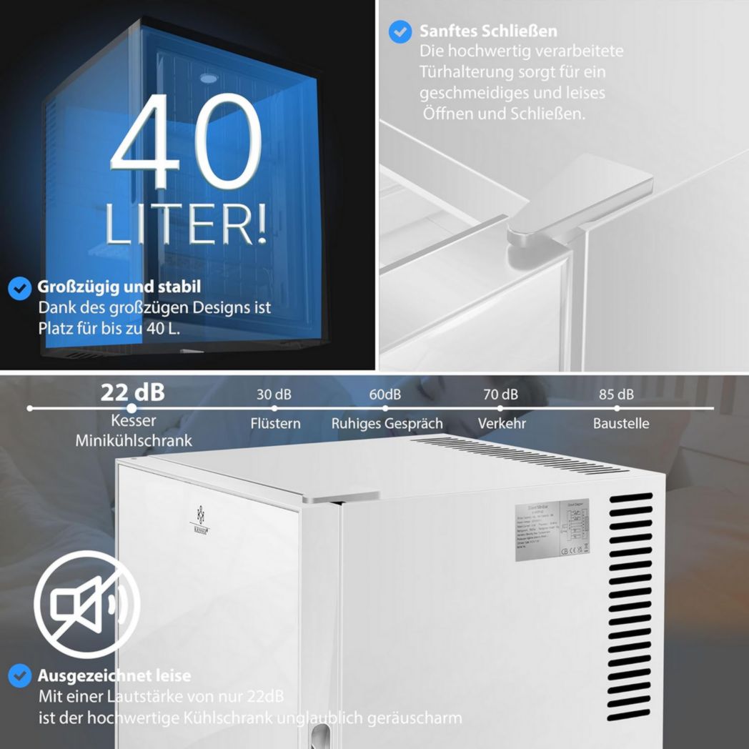 Mini-réfrigérateur KESSER® avec serrure, mini-bar 40 l, silencieux, 22 dB, verrouillable, chambre, butée de porte amovible, environ 4 à 16 °C, hauteur 57 cm, éclairage intérieur