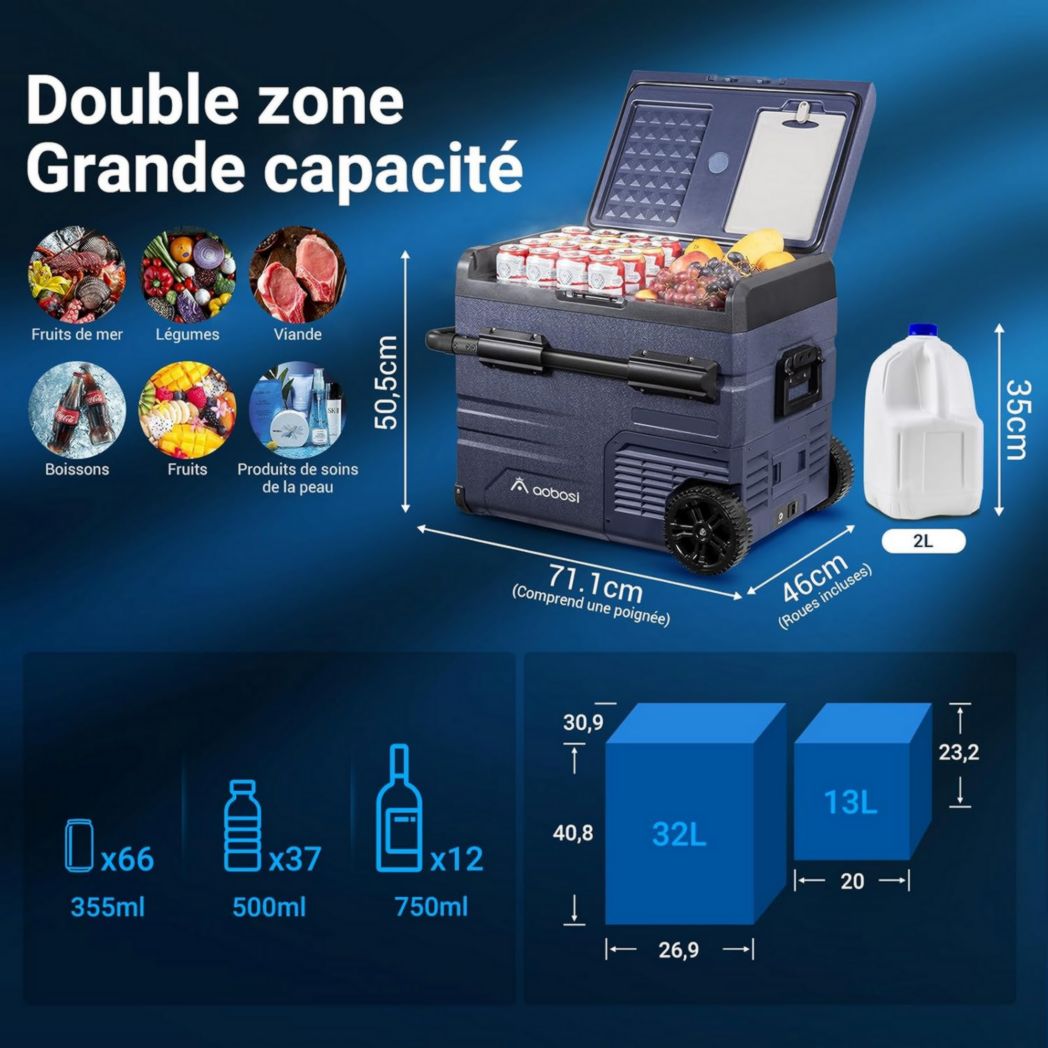 Glacière électrique double zone AAOBOSI 115 L, compresseur WiFi, 12 V/24 V et 100-240 V, pour camping, -20 °C à 20 °C, pour voiture, camion, bateau, camping, caravane, voyage, maison