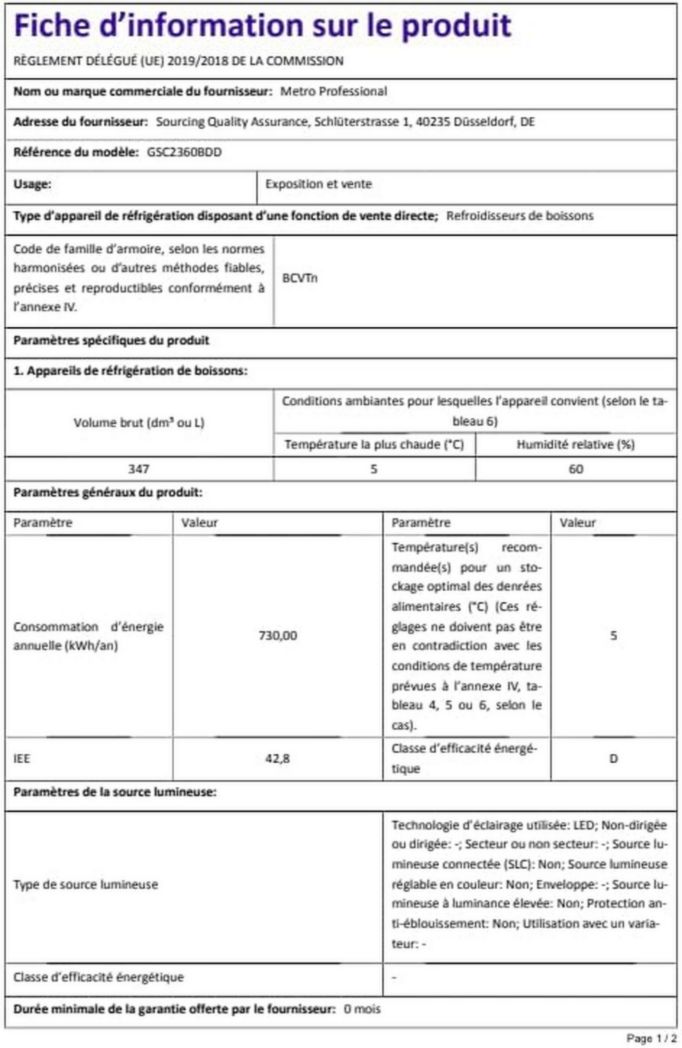 Réfrigérateur à boissons professionnel METRO GSC2360B, acier/verre, 62 x 63,6 x 175,3 cm, 347 L, avec serrure, noir