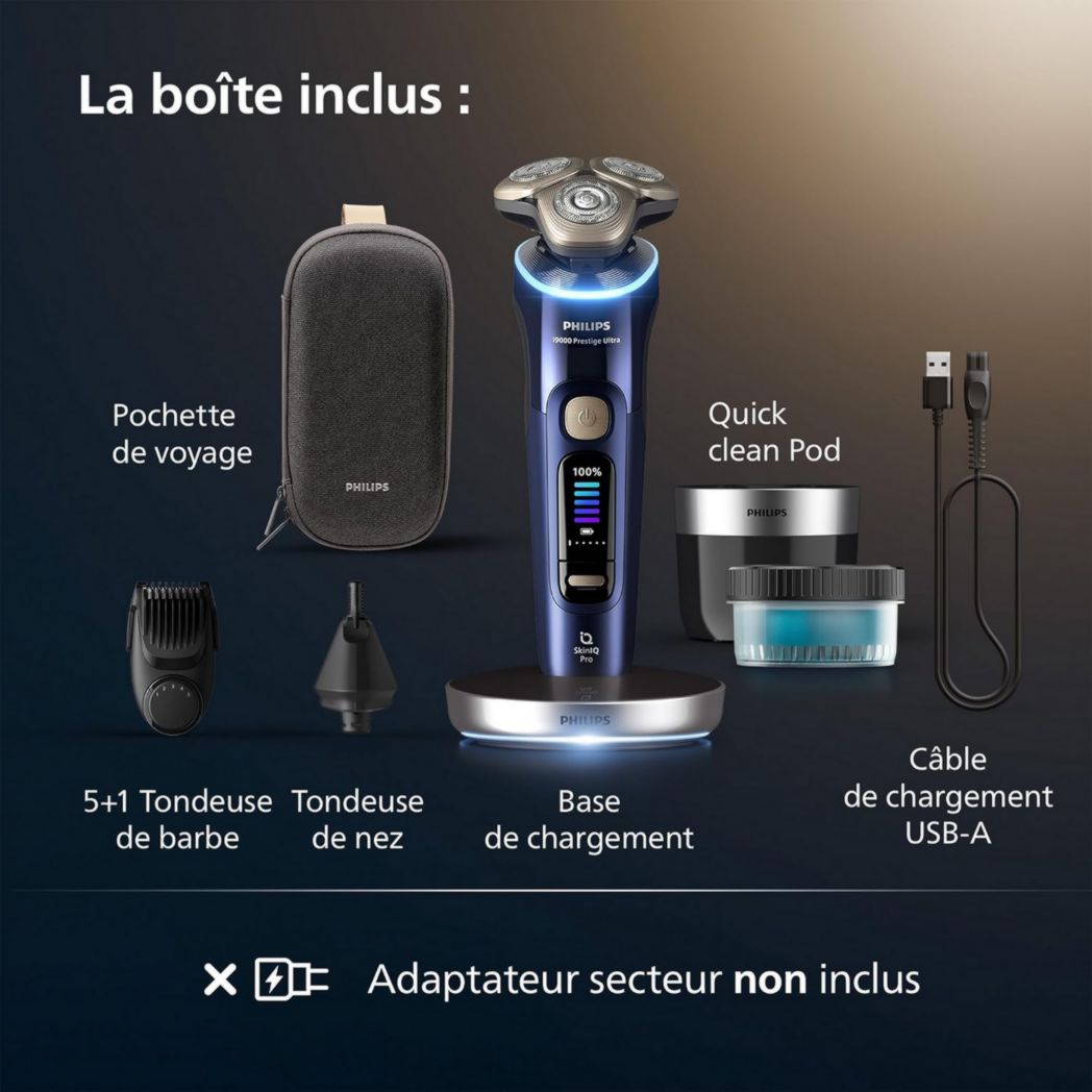 Rasoir Philips i9000 Prestige Ultra, rasoir électrique 100 % étanche, technologie Skin IQ Pro, système Triple Lift & Cut, lames de précision NanoTech rotatives à 360°, 5 modes de rasage, XP9401/38