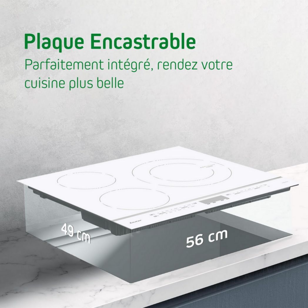 Sauter - SPI4360W - Plaque à induction - Encastrable - Blanc - 3 feux - 7200 W - Dimensions d'encastrement : 56 x 49 cm - Grand foyer 28 cm et 14 positions de cuisson - Fabriqué en France