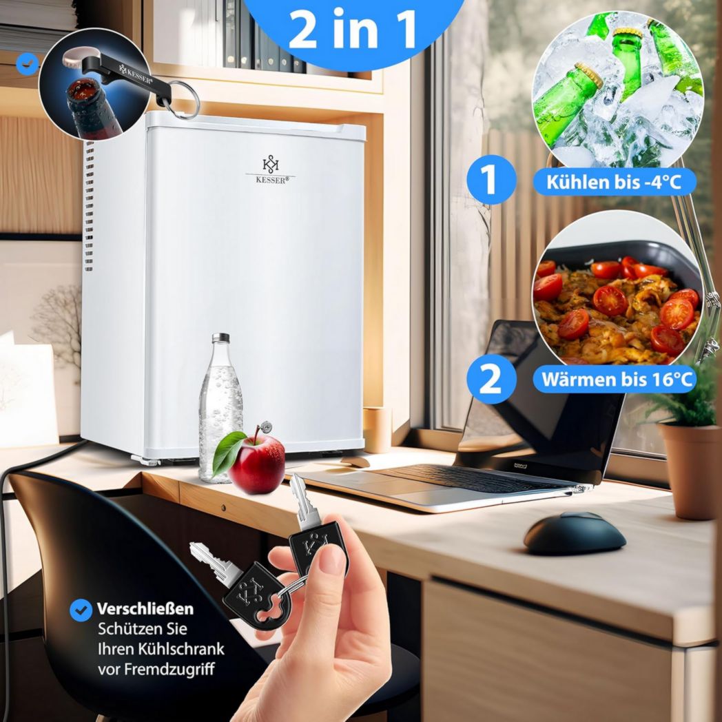 Mini-réfrigérateur KESSER® avec serrure, mini-bar 40 l, silencieux, 22 dB, verrouillable, chambre, butée de porte amovible, environ 4 à 16 °C, hauteur 57 cm, éclairage intérieur