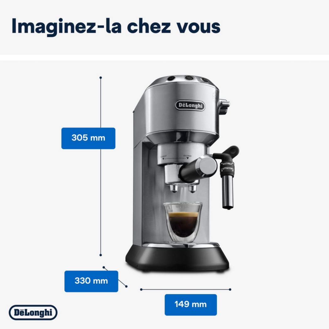 De'Longhi Dedica Style EC685.M, Machine à expresso avec buse à mousse de lait professionnelle, seulement 15 cm de large, réservoir de 1 L, boîtier en métal, compatible avec les dosettes ESE, métal
