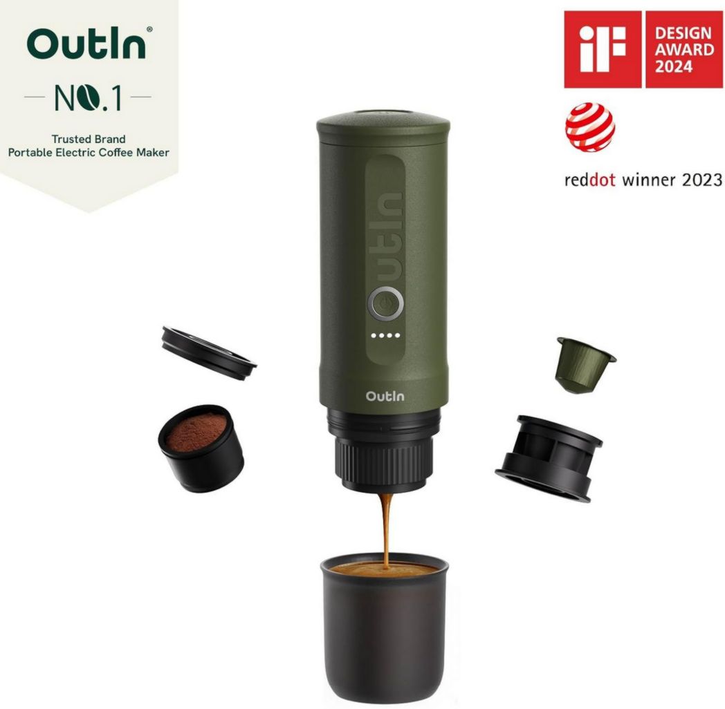 OutIn Nano Mini Machine à expresso portable à piles avec auto-chauffage en 3-4 minutes, petite cafetière de voiture 20 bars 12 V 24 V avec étui de transport, capsules NS (bleu sarcelle)