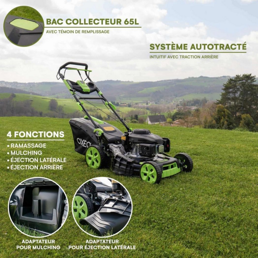 Tondeuse à gazon thermique 196 cm³ - Puissante - Autotractée - Moteur Loncin V200 - Largeur de coupe 53 cm - Bac de ramassage 65 L