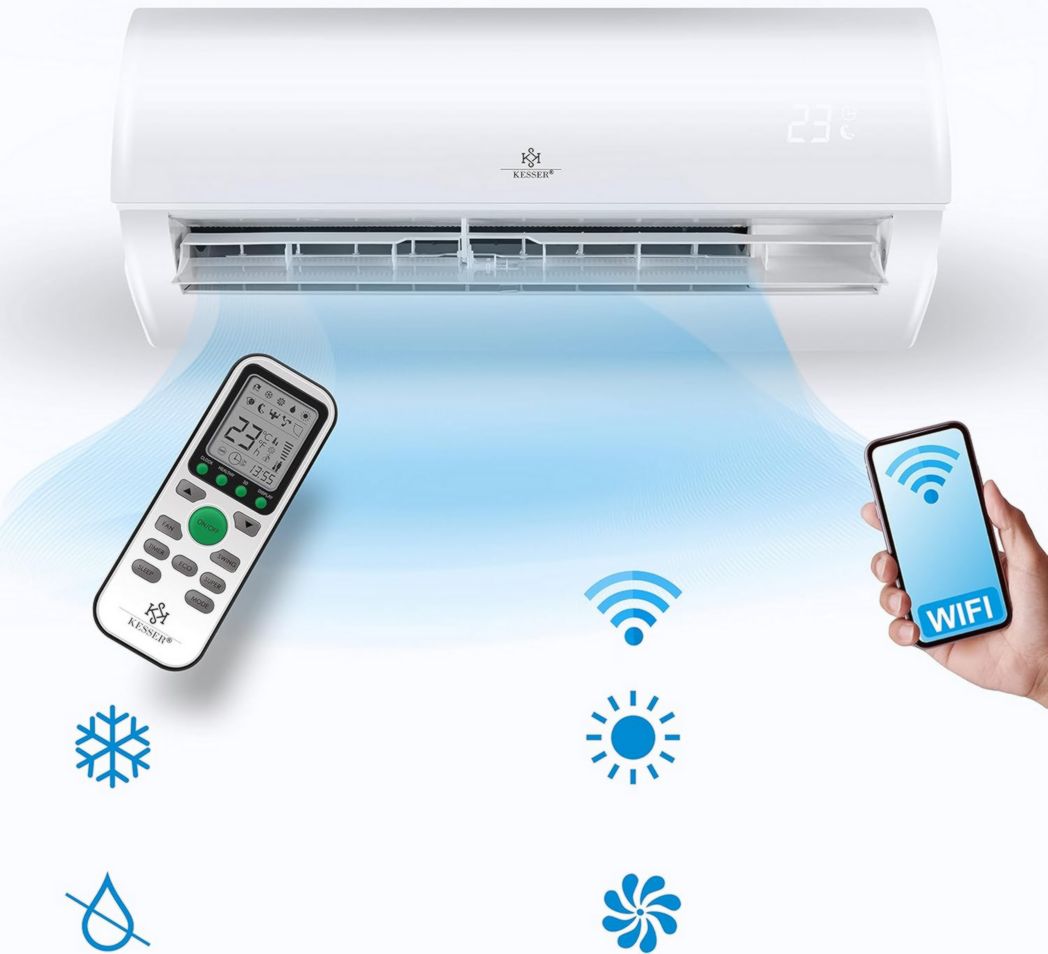 Climatiseur réversible KESSER® SET - Climatiseur avec fonction Wi-Fi/application - Refroidissement A++ / Chauffage A+, Réfrigérant R32 - Écran LCD, Split 12 000 BTU/h / 3 400 W - Anthracite