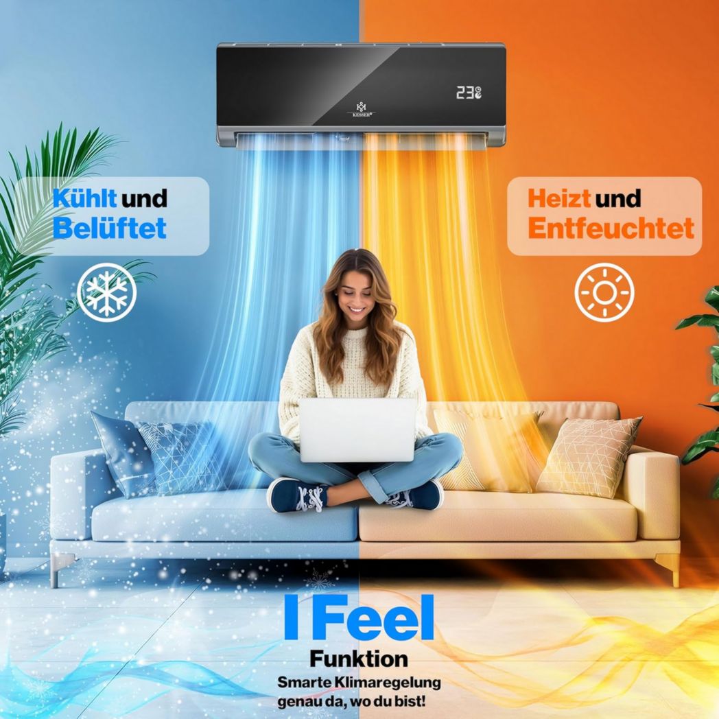 Climatiseur réversible KESSER® SET - Climatiseur avec fonction Wi-Fi/application - Refroidissement A++ / Chauffage A+, Réfrigérant R32 - Écran LCD, Split 12 000 BTU/h / 3 400 W - Anthracite