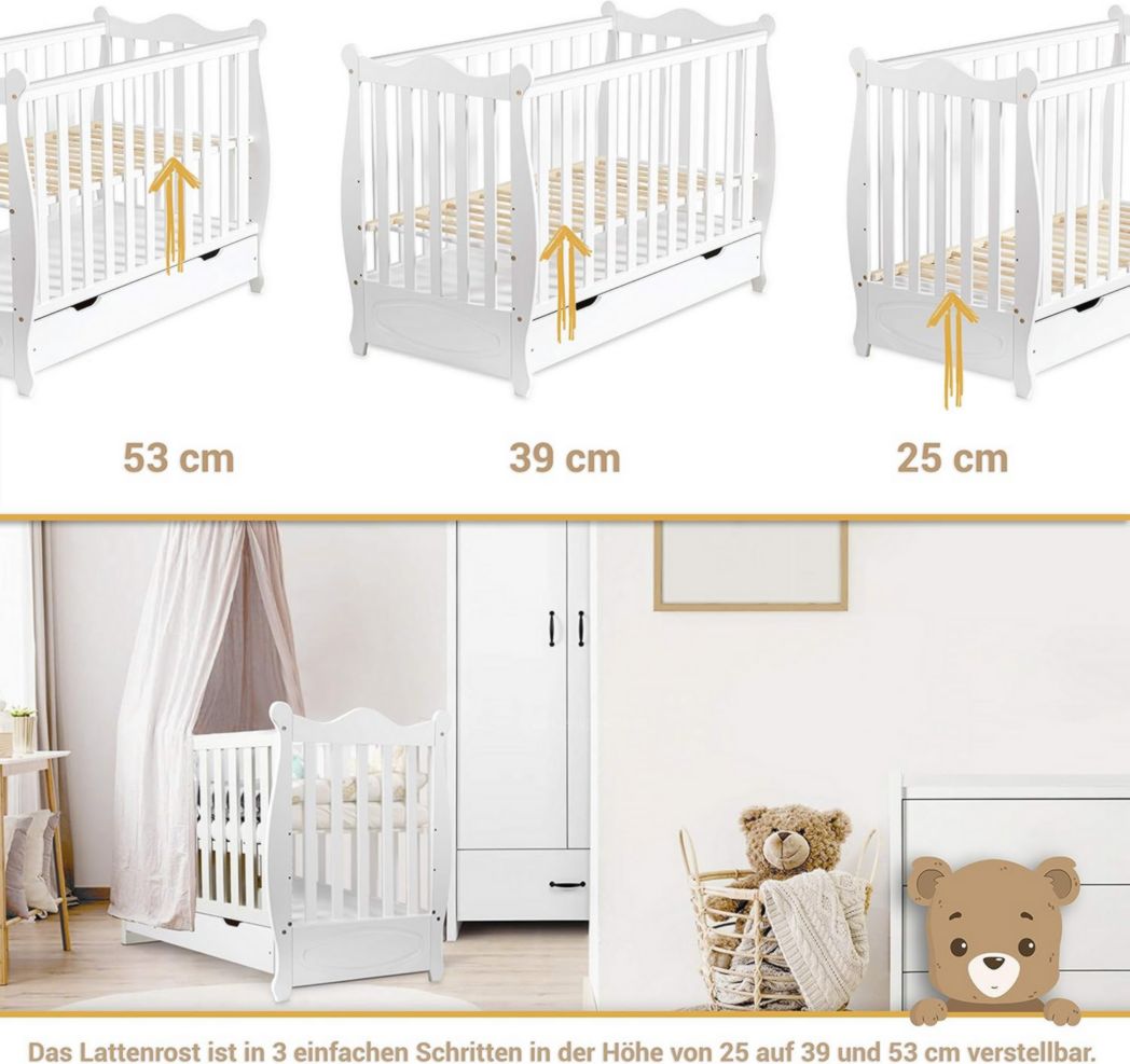 Lit bébé moto-MOLTICO 60x120 cm avec tiroir – Lit en bois réglable en hauteur, transformable en lit enfant avec barrières de sécurité – Lit bébé pour filles et garçons