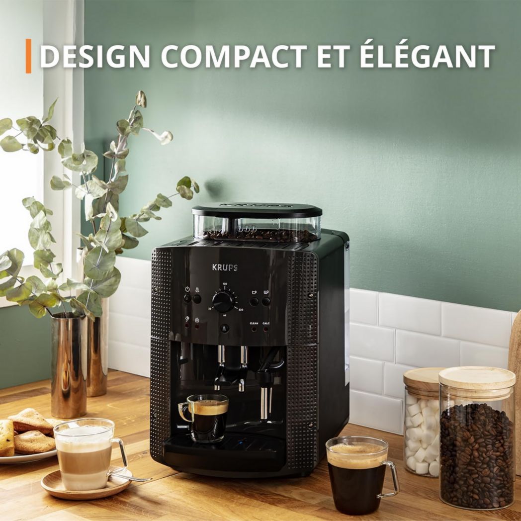 Krups Machine à café à grains, 1,7 L, 2 tasses simultanément, Nettoyage automatique, Buse vapeur pour cappuccino, Cafetière expresso, Essential black YY8125FD, Noir