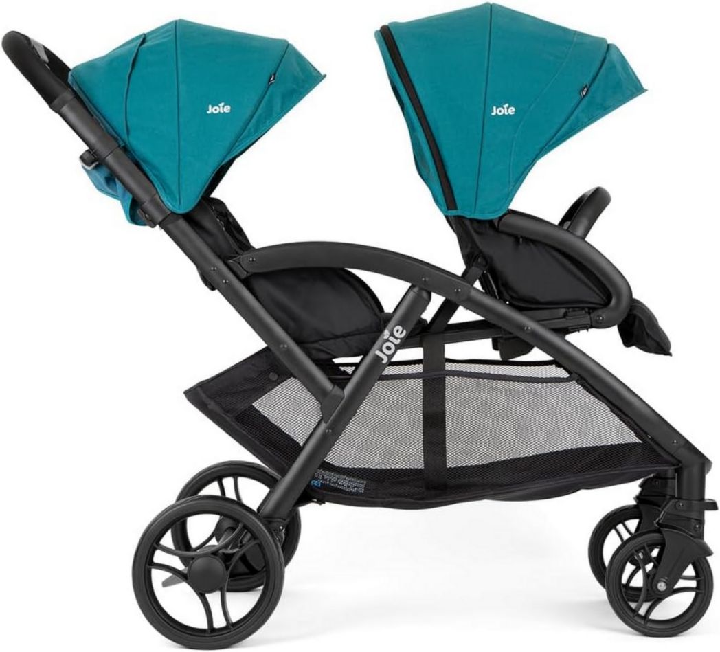 Joie - Evalite™ Duo - Poussette double légère - Siège arrière plat inclinable - Compatible siège auto et nacelle - Suspension 4 roues - Harnais SoftTouch 5 points - Convient dès la naissance