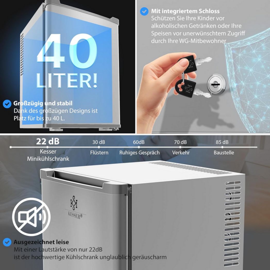 Mini-réfrigérateur KESSER® avec serrure, mini-bar 40 l, silencieux, 22 dB, verrouillable, chambre, butée de porte amovible, environ 4 à 16 °C, hauteur 57 cm, éclairage intérieur