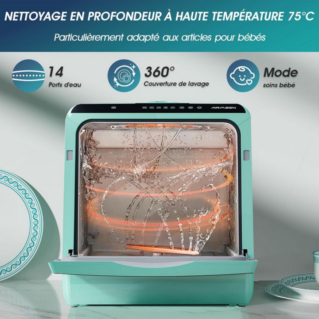 Mini lave-vaisselle de comptoir AIRMSEN, 5+1 programmes, réservoir d'eau de 5 L, commandes tactiles et écran LED, convient aux cuisines familiales, appartements et dortoirs, blanc et noir