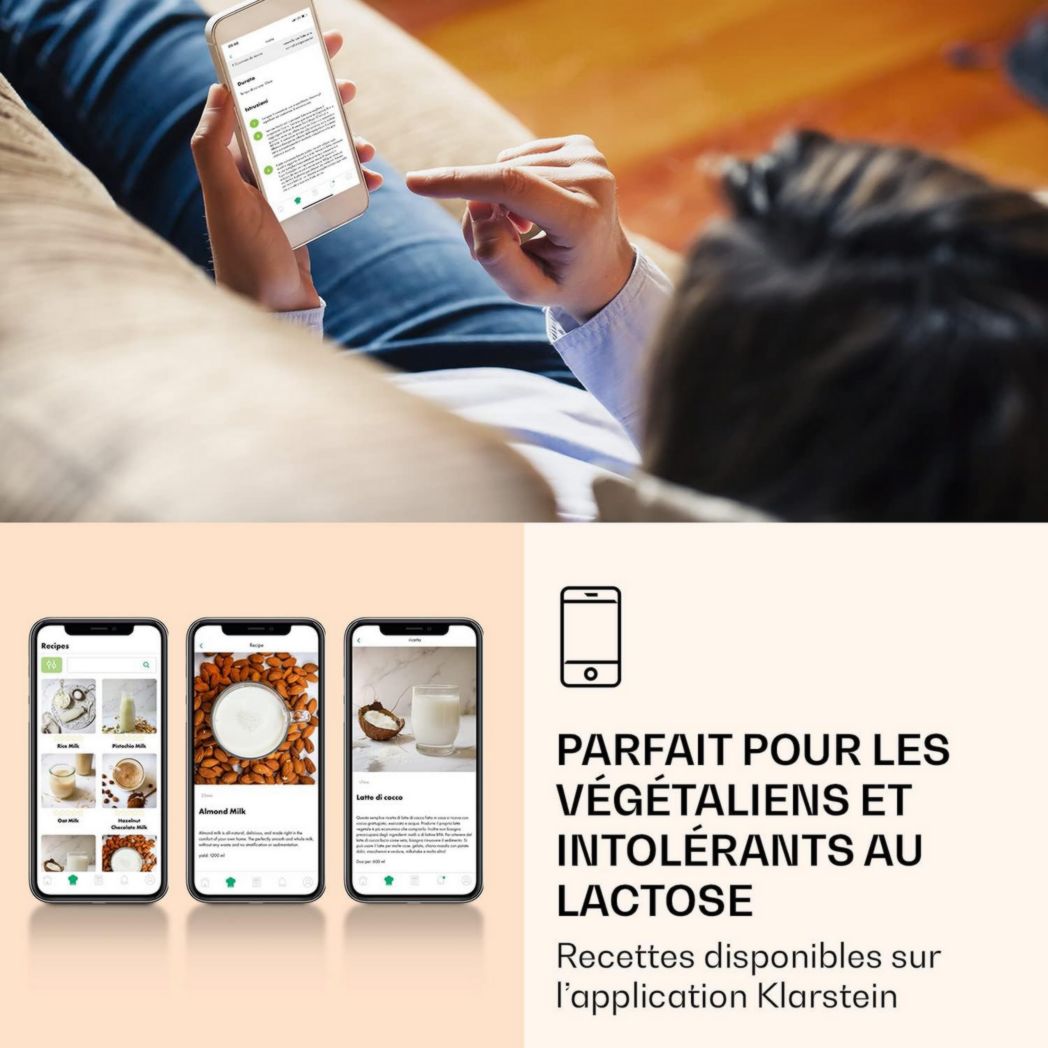 Klarstein Mixer, robot pâtissier de 300 et 1250 watts de puissance, pour préparer des laits végétaux et des smoothies avec technologie de chauffage à 360°, 30 000 tr/min, écran tactile, noir