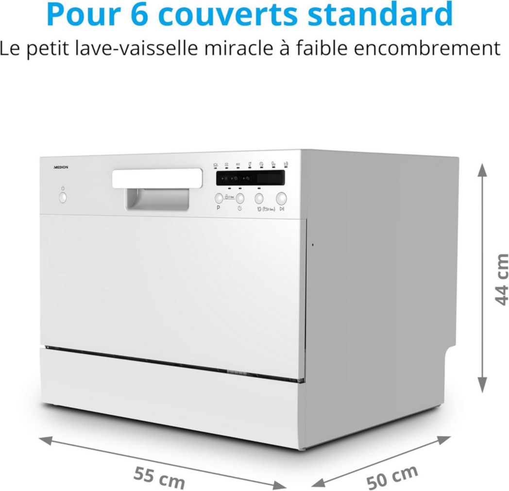 Lave-vaisselle de table MEDION (capacité 6 couverts, 7 programmes de nettoyage, affichage LED, 47 dB, MD37496) blanc