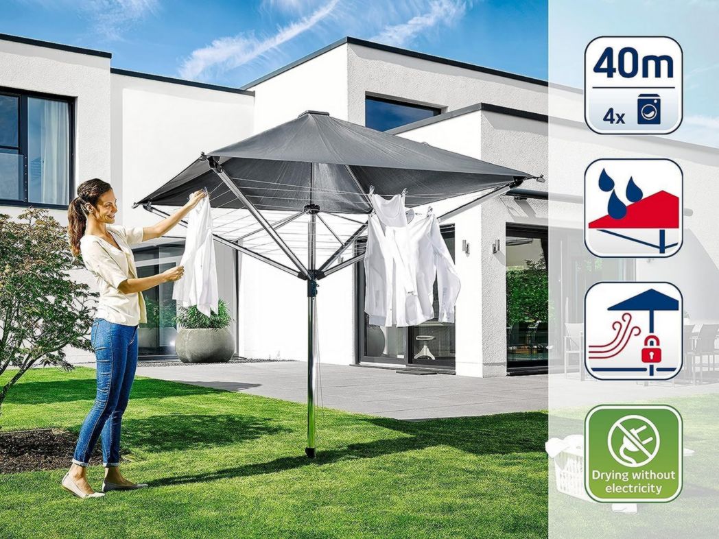 Séchoir parapluie Leifheit LinoProtect 400, séchoir parapluie d'extérieur avec toit étanche, séchoir à linge inclus 8 œillets pour cintres et prise de sol
