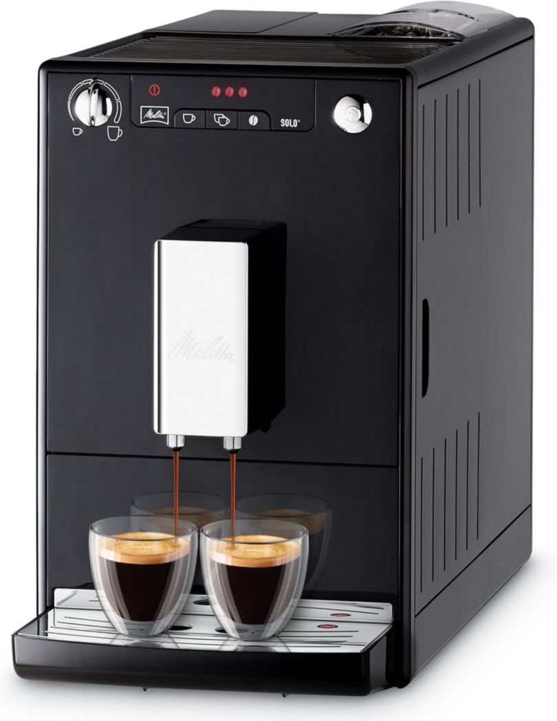 Melitta Caffeo Solo Noir Pure Black, Machine à café à grains avec broyeur et système d'extraction d'arômes, écran LED, mode 1 à 2 tasses, machine à expresso, automatique, E950-222, 1400 W