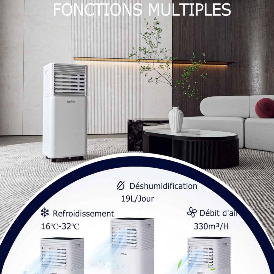 Climatiseur portable GOPLUS 9000 BTU 2,6 kW, 4 en 1, refroidissement, déshumidification, ventilateur, mode nuit, minuterie 24 h, télécommande/écran, 20 ㎡, noir, R290