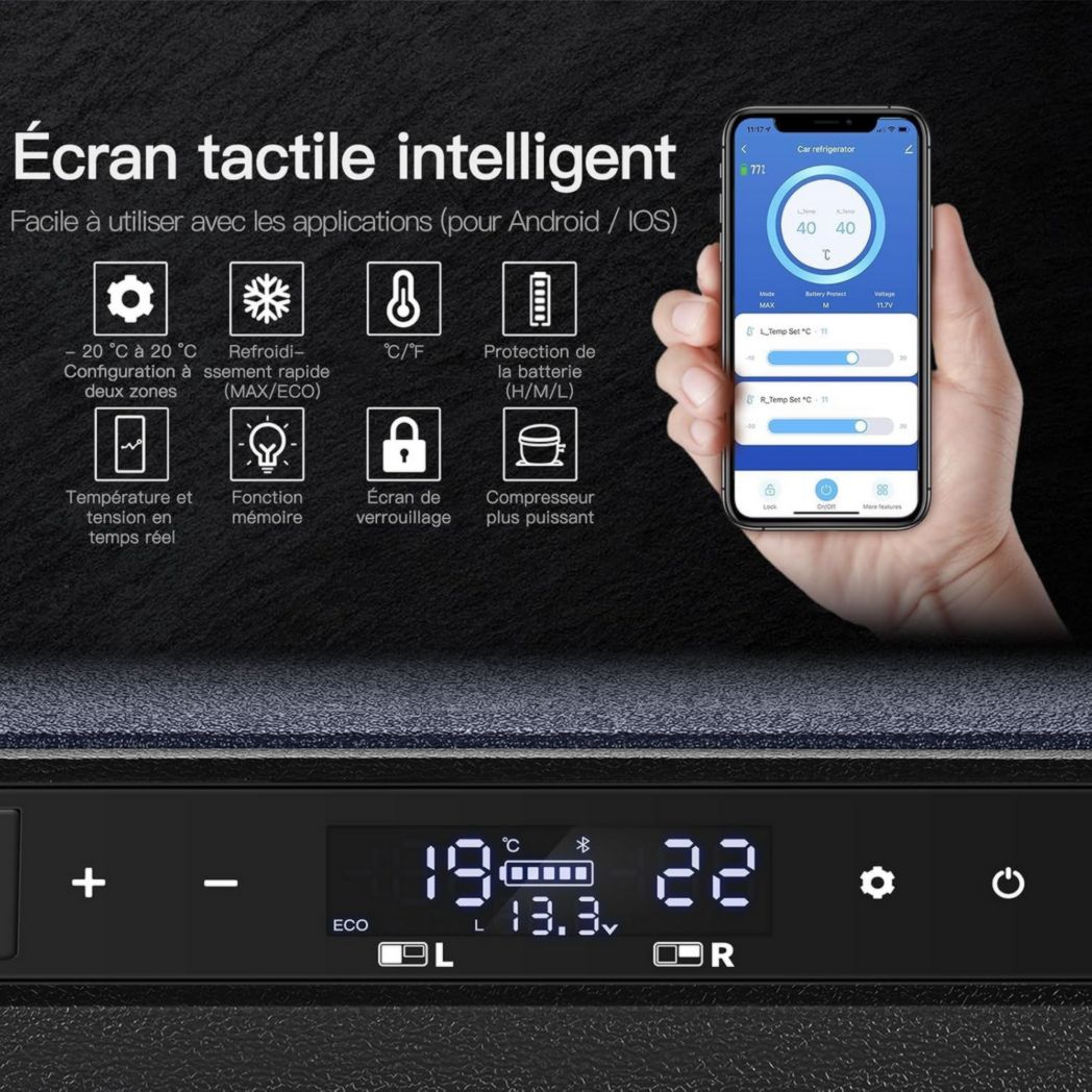 Glacière à compresseur AAOBOSI 46 L, glacière électrique à deux zones, 12 V/24 V et 100-240 V, réfrigérateur de camping, -20 °C à 20 °C, pour voiture, camion, bateau, camping-car