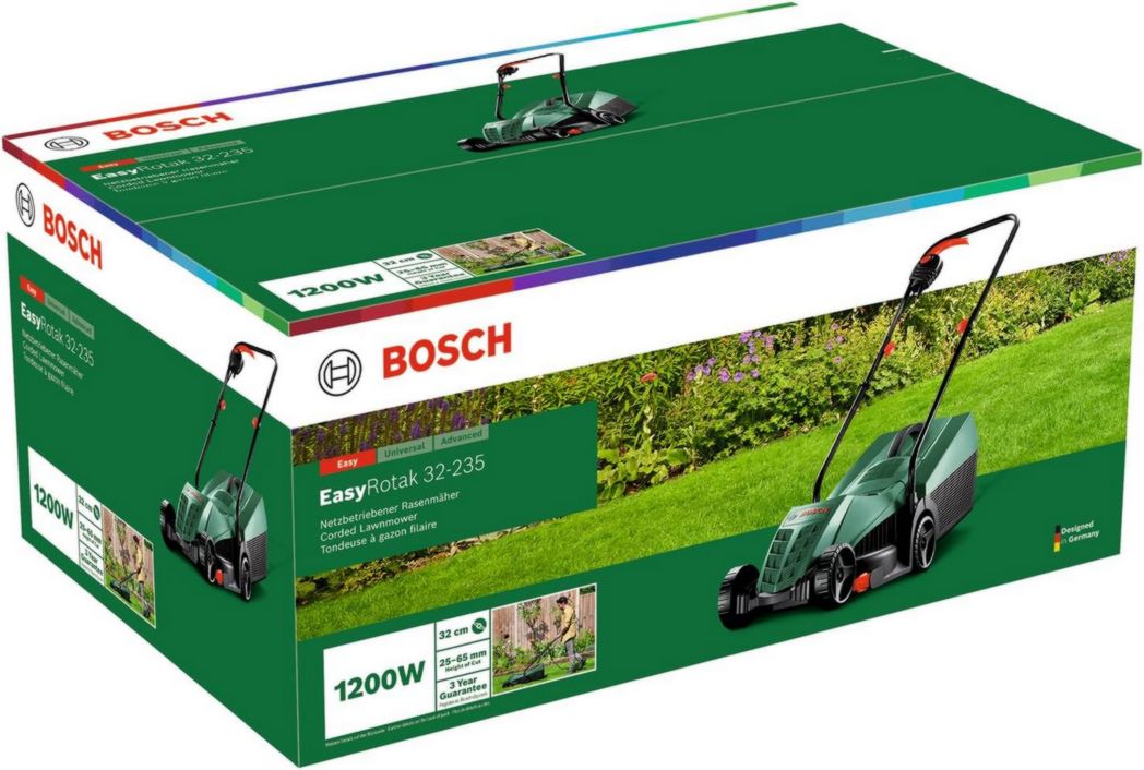 Tondeuse à gazon filaire Bosch EasyRotak 32-235 (moteur 1200 W, largeur de coupe 32 cm, bac de ramassage 31 L, pour petits jardins)