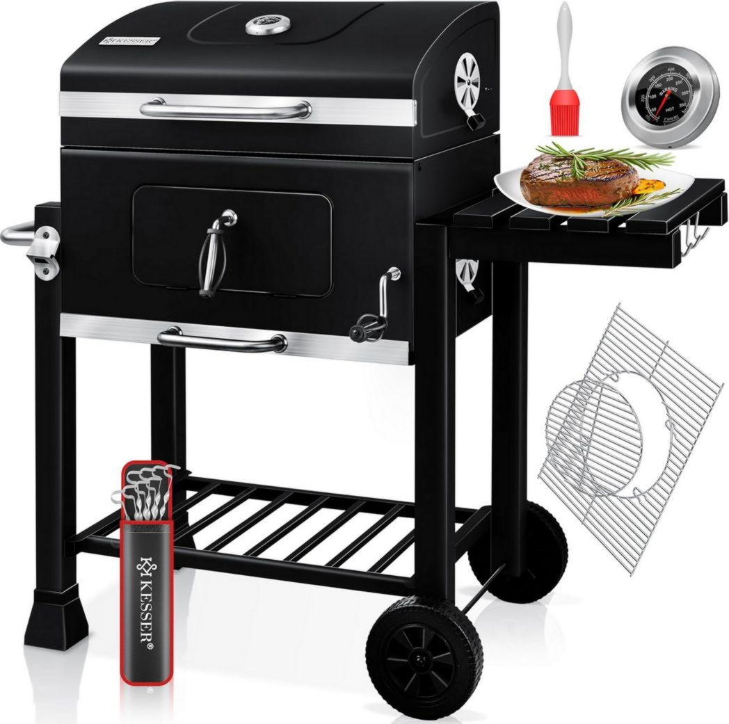 Chariot barbecue KESSER® | Barbecue à charbon XL avec couvercle, roulettes, poignée en acier inoxydable, grille et thermomètre | Grand barbecue à charbon