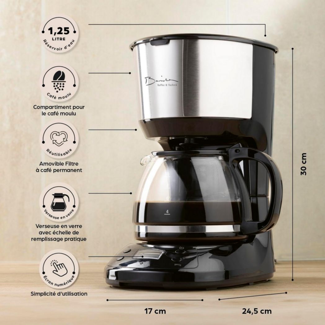 Cafetière filtre Barista avec verseuse isotherme de 1 L pour 12 tasses de café, machine à café à grains avec moulin et affichage numérique, fonction minuterie