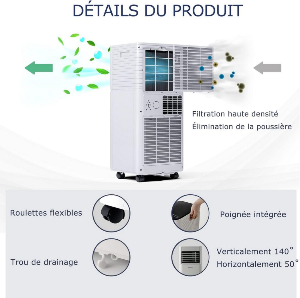 Climatiseur portable GOPLUS 9000 BTU 2,6 kW, 4 en 1, refroidissement, déshumidification, ventilateur, mode nuit, minuterie 24 h, télécommande/écran, 20 ㎡, noir, R290