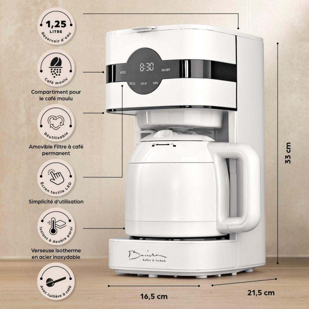 Cafetière filtre Barista avec verseuse isotherme de 1 L pour 12 tasses de café, machine à café à grains avec moulin et affichage numérique, fonction minuterie