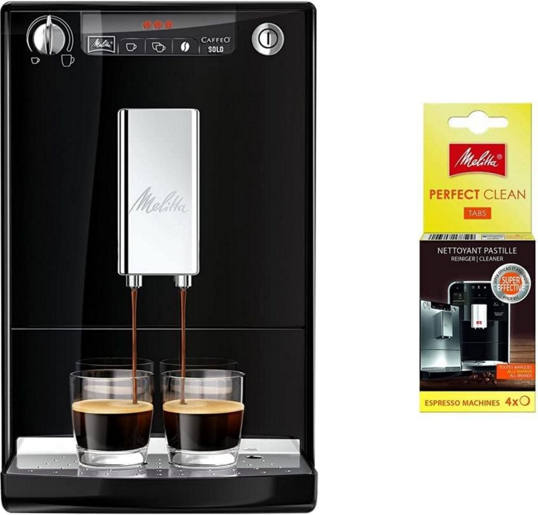 Melitta Caffeo Solo Noir Pure Black, Machine à café à grains avec broyeur et système d'extraction d'arômes, écran LED, mode 1 à 2 tasses, machine à expresso, automatique, E950-222, 1400 W