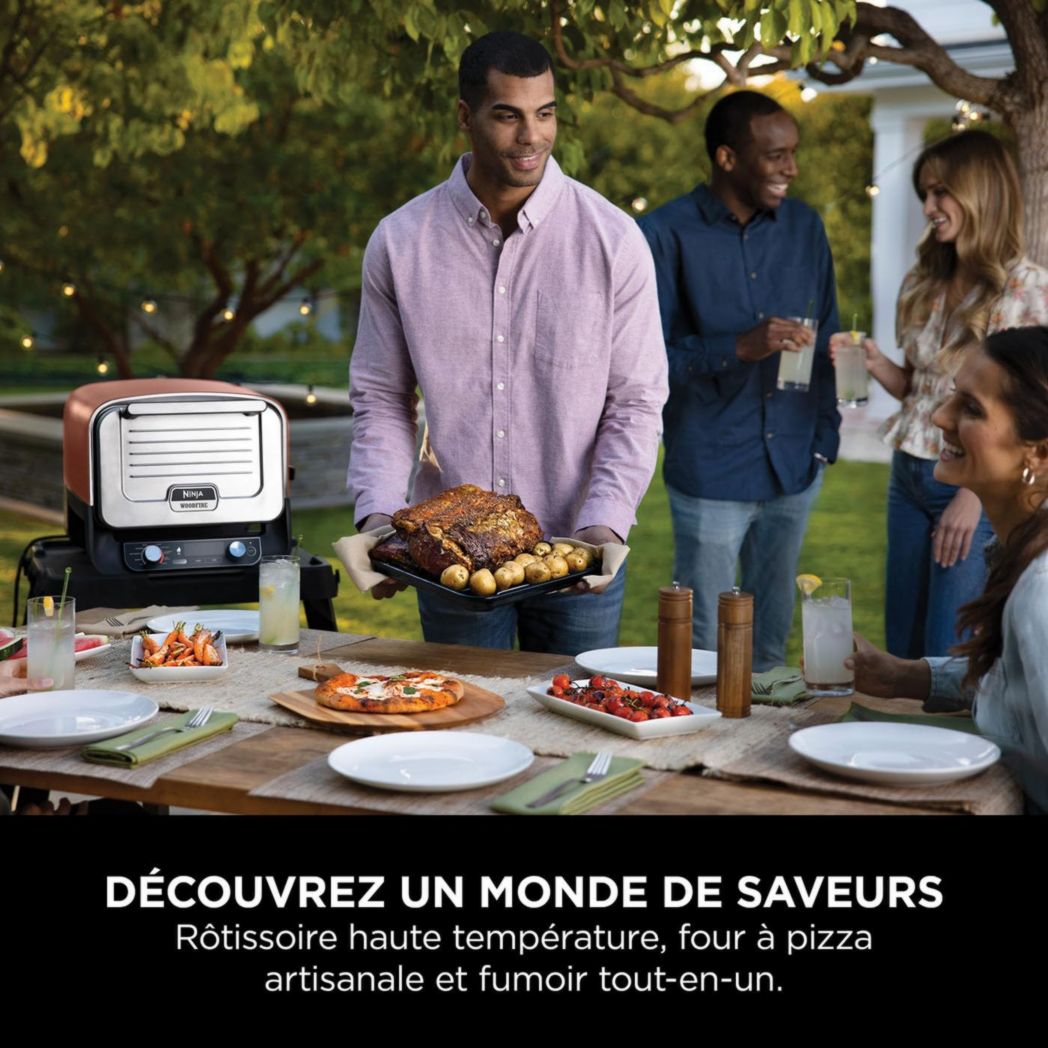 Four à pizza électrique d'extérieur Ninja Woodfire 8 en 1, rôtissoire et fumoir barbecue avec grille, plaque Pro-Heat, pierre à pizza, granulés de bois et pelle, 6 réglages, orange foncé OO101EU