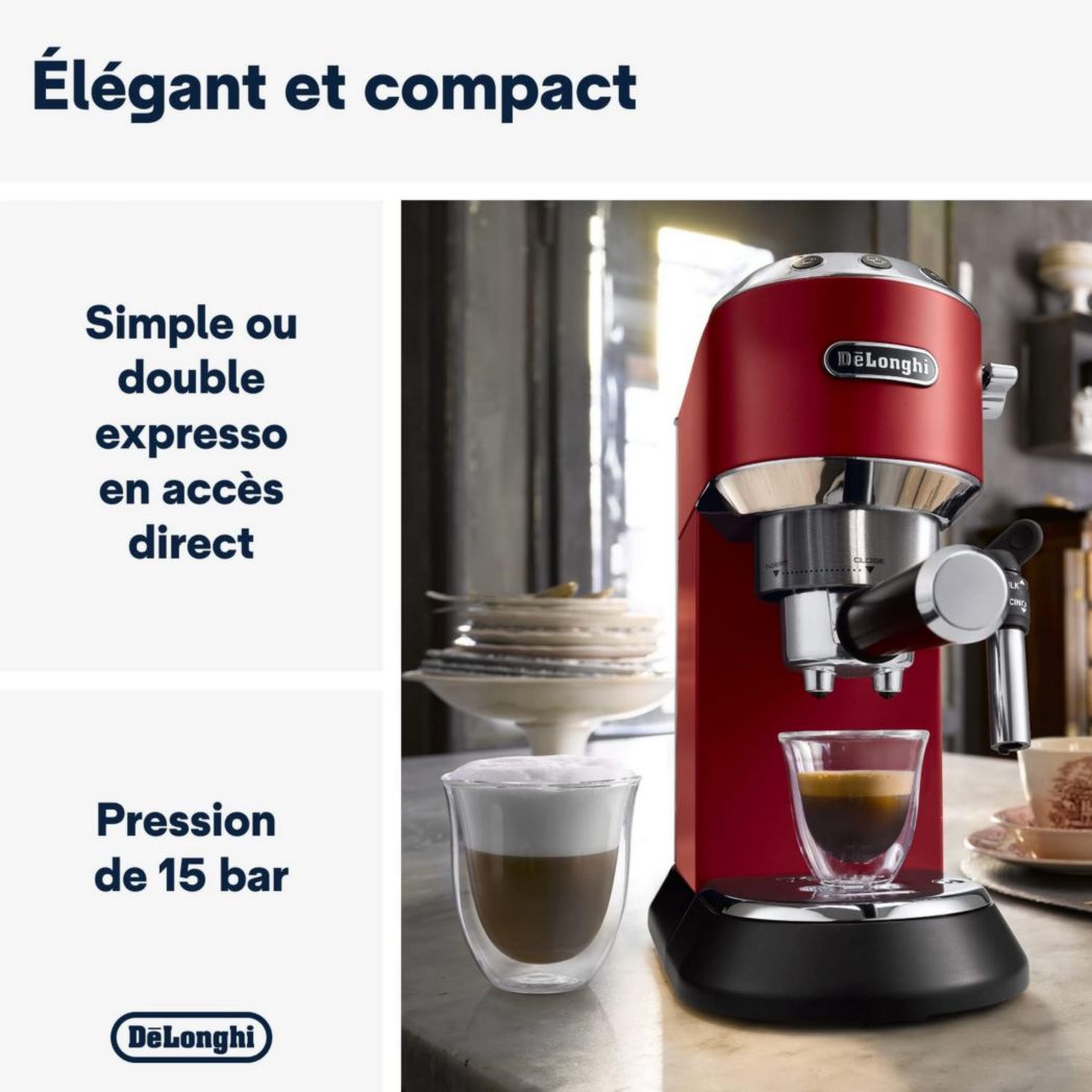 De'Longhi Dedica Style EC685.M, Machine à expresso avec buse à mousse de lait professionnelle, seulement 15 cm de large, réservoir de 1 L, boîtier en métal, compatible avec les dosettes ESE, métal