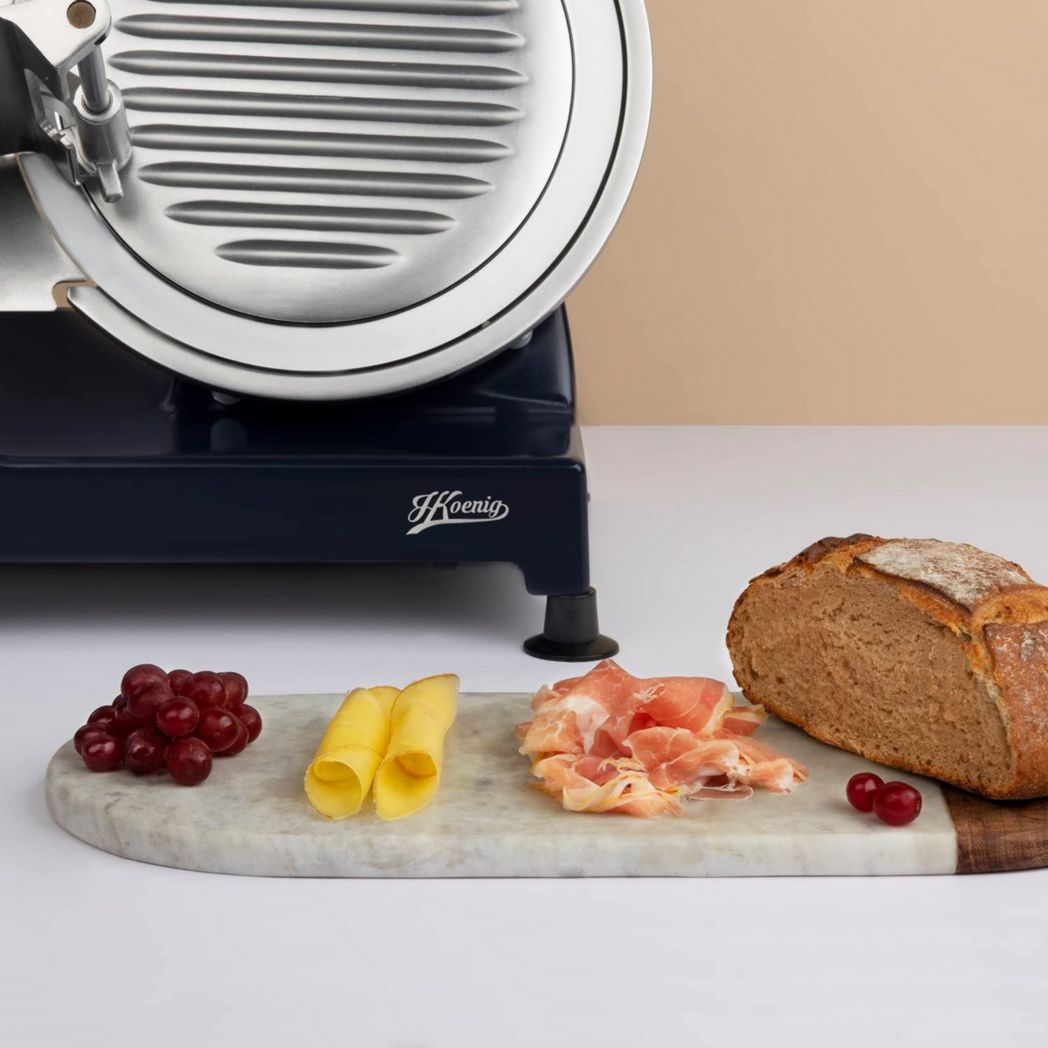 Trancheuse à viande électrique H.Koenig MSX254, Charcuterie, Professionnelle, Précise, Coupe 0-12 mm, Lame 25 cm, Aiguiseur intégré, Grand plateau, 282 tr/min, Rouge