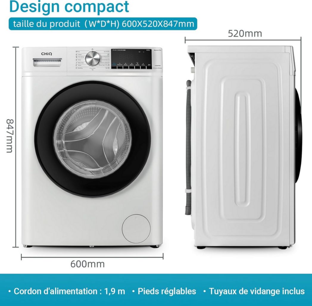 Lave-linge CHIQ CFL80-14586IM3XA, chargement frontal, 8 kg, Space Pro, moteur Inverter stable, 1400 tr/min, programme Smart AI, fonction vapeur, lavage rapide 15 minutes, 15 cycles de lavage, gris