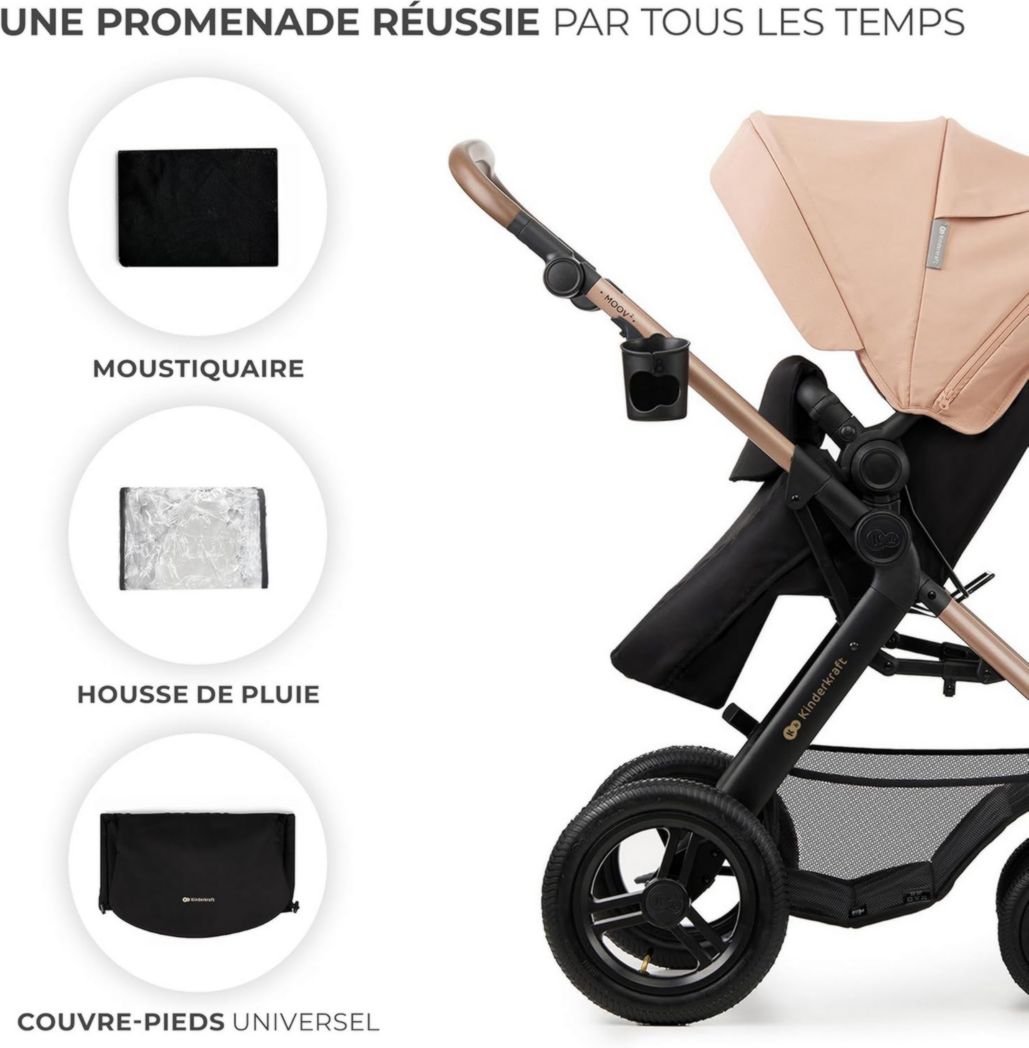 Poussette 3-en-1 Kinderkraft MOOV2, système de voyage de la naissance à 27 kg, siège auto Mink PRO I-Size inclus, pare-soleil extensible avec filtre UPF50+, accessoires pratiques, gris