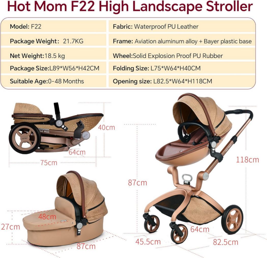 Poussette classique Hot Mom Combi 3 en 1, ensemble complet, cadre en aluminium, pneus en caoutchouc plein, protection contre la pluie et moustiquaire, modèle F22 (noir-3, avec siège auto)