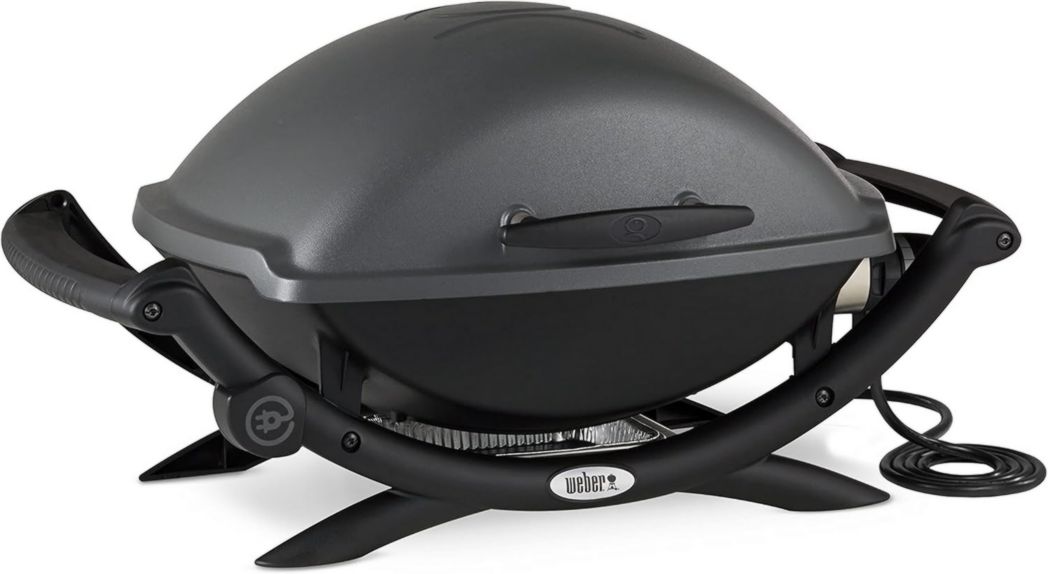 Barbecue électrique Weber Q2400 avec support et tablettes latérales, surface de cuisson 54 x 39 cm, grille en fonte émaillée (2 parties), couvercle et cuve en fonte d'aluminium - Gris foncé (55020053)