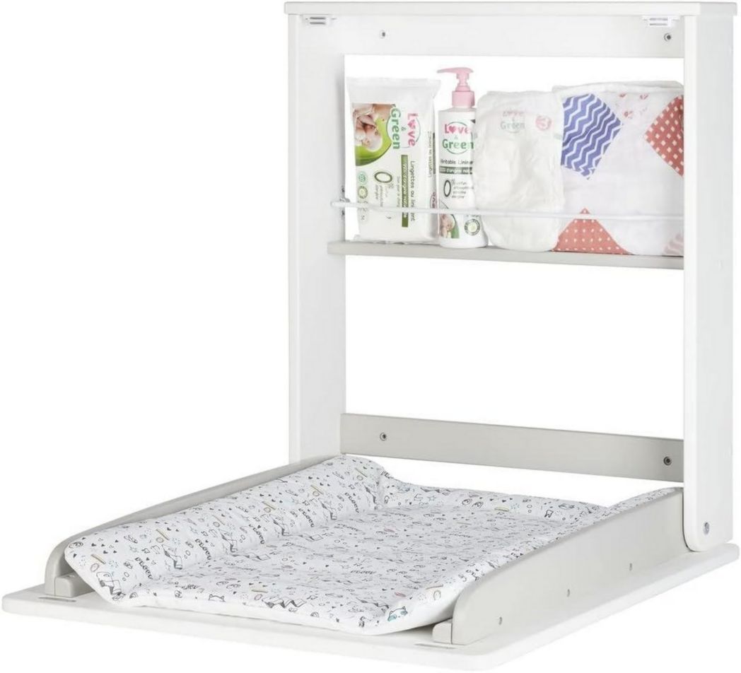 Table à langer pliante Badabulle Plouf - Table à langer pliante murale - Ultra compacte pour les petites pièces - Matelas à langer inclus - Étagère intégrée